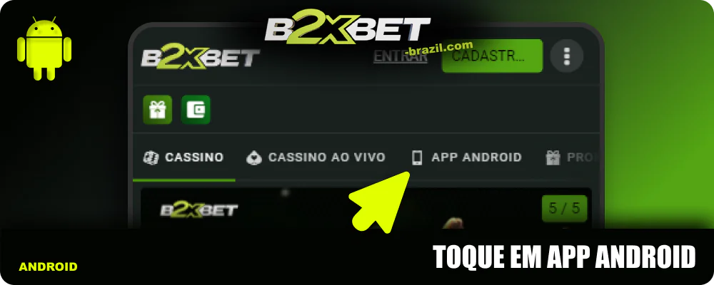 Clique em "Aplicativo Android" para iniciar o download do B2xbet