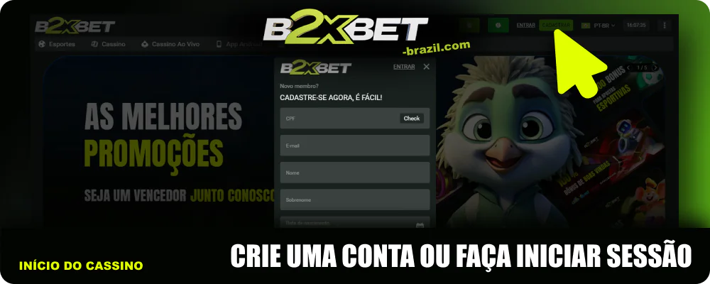 Registar ou iniciar sessão no B2xbet