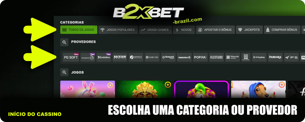 Selecionar uma categoria ou fornecedor nas listas da B2xbet