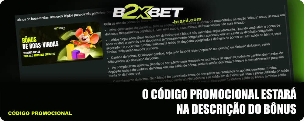 O código promocional será exibido junto com informações sobre a promoção B2xbet