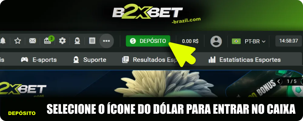 Clique no cifrão verde para entrar no caixa B2xbet