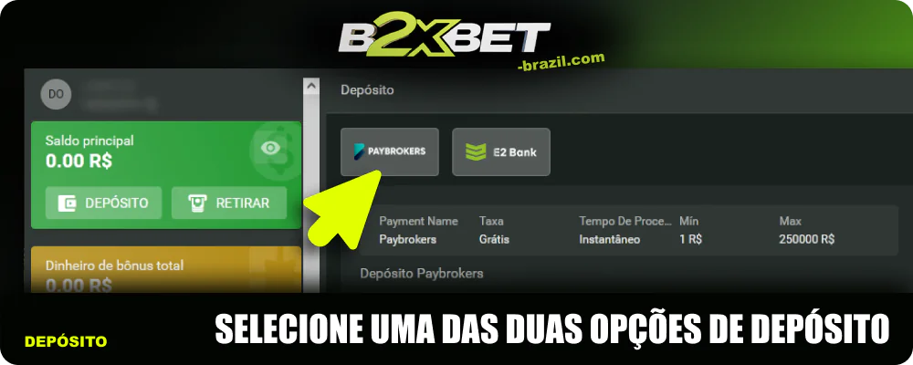 Selecione a opção de depósito no B2xbet