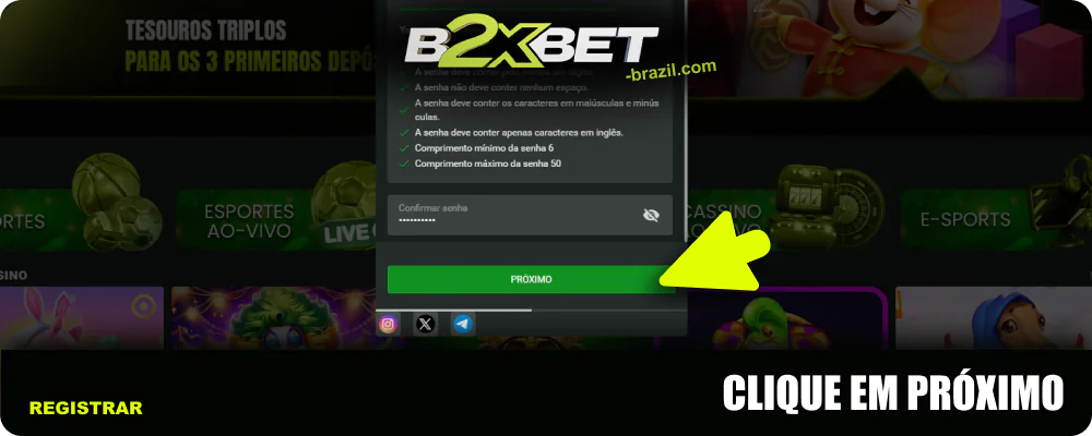 Clique em “Próximo” para continuar registrando-se na B2xBet.