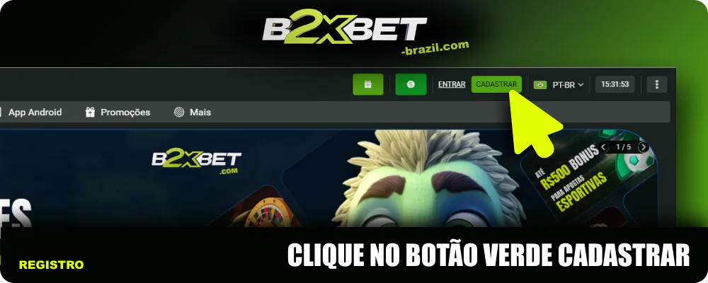 Clique no botão Cadastrar no canto da B2xbet