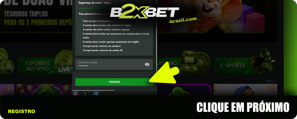 Clique no botão Próximo para continuar cadastrando-se no B2xBet