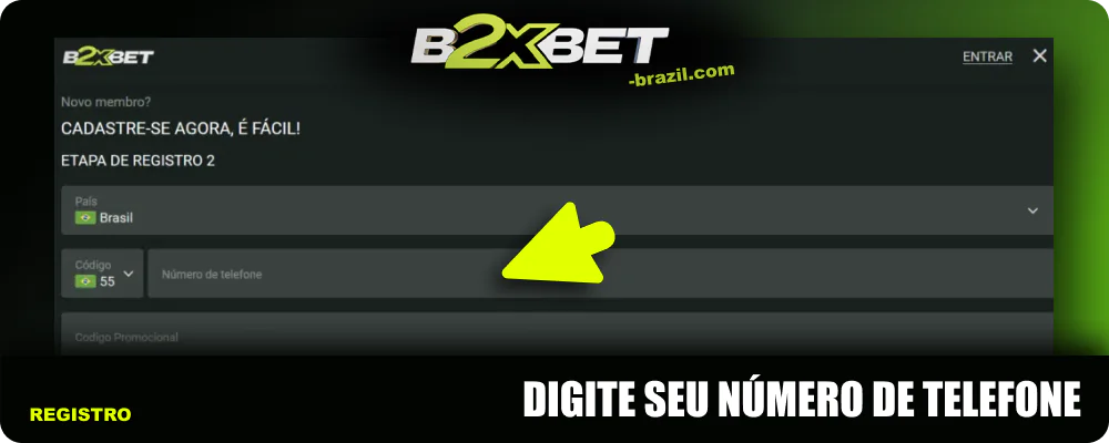 Digite seu número de telefone para se registrar no B2xBet