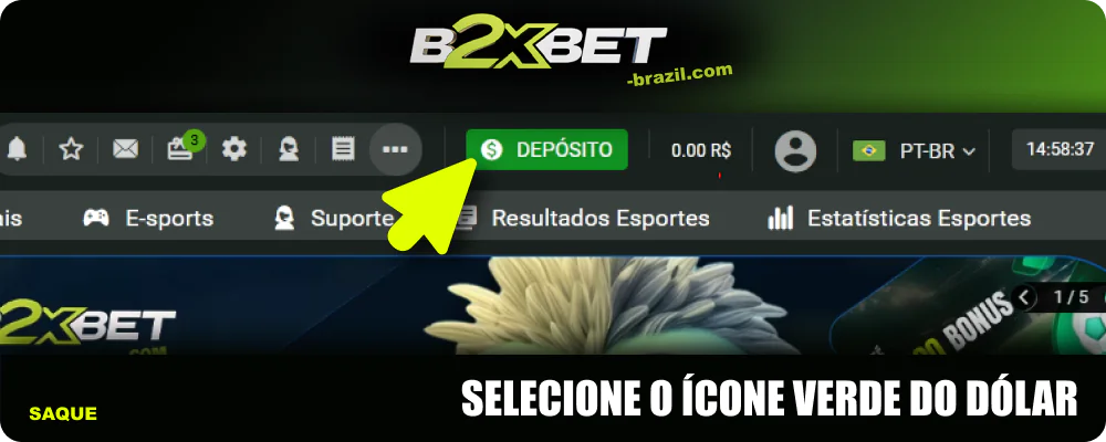 Clique no ícone do dólar no menu do site B2xbet Brasil