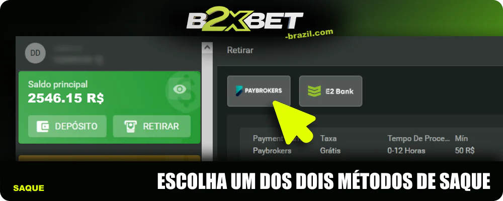 Selecione um método de saque na B2xbet