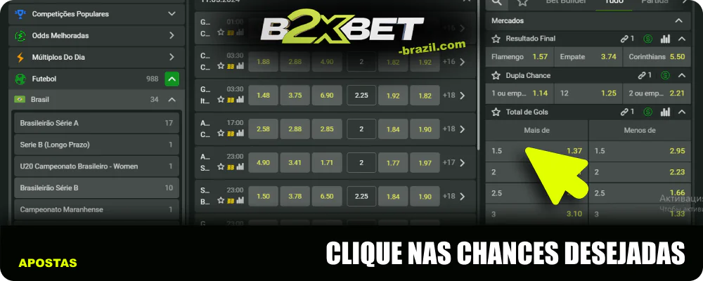 Clique nas probabilidades B2xbet que pretende